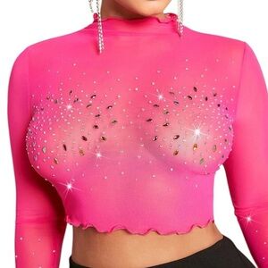 Sexy Rhinestone Bust Lettue Trim Crop Top Long Sleeve Mesh Top